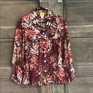 Ruby Rd Jacket Womens 18 W  Red Floral‎ Cropped Button Collar Roll Tab Sleeve